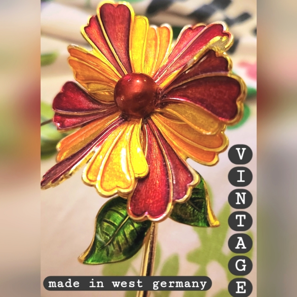 50s W GERMANY 3D Antique Orange Gold Rust Yellow Ruffled Flower 3" Brooch EUVC
